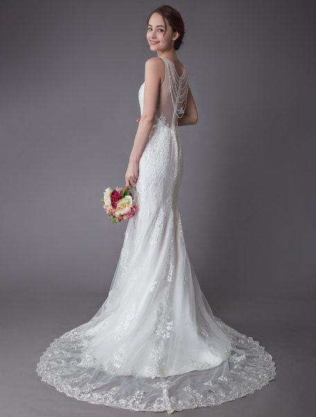 

Milanoo Lace Wedding Dress Ivory Illusion Neckline Sleeveless Chain Beach Wedding Dress Mermaid Brid