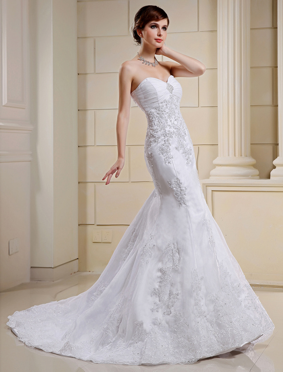 White Train Mermaid Strapless Wedding Dress for Women - Milanoo.com