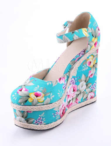 Blue Ankle Strap Round Toe Floral Cloth Women's Wedge Shoes - Milanoo.com