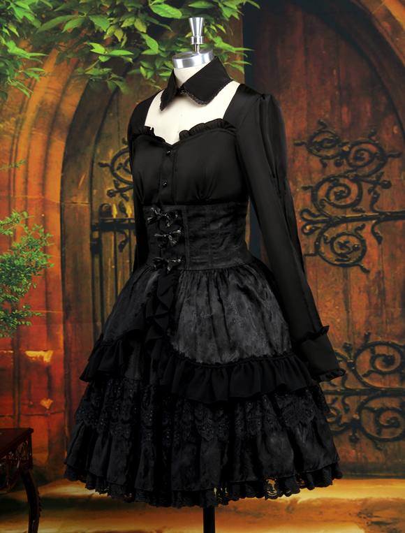 Gothic Black Layered Long Sleeves Elastic Silk Like Satin Jacquard ...