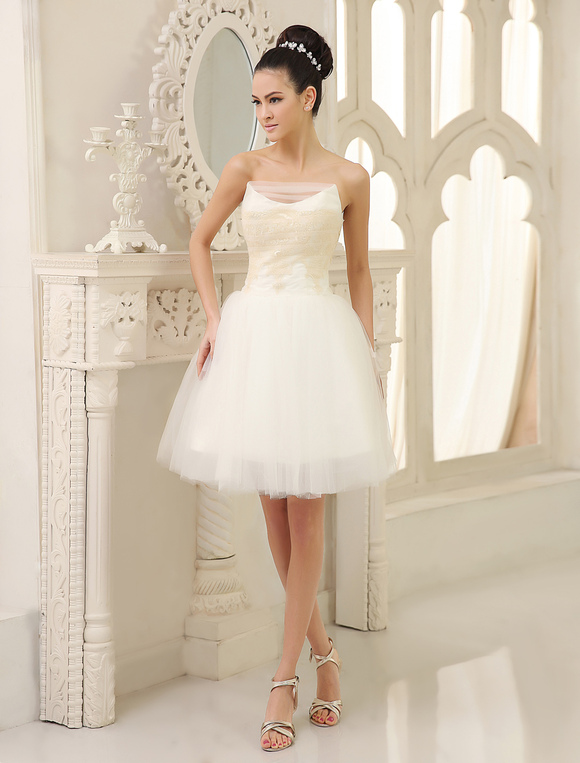 Ivory A-line Strapless Lace Knee-Length Tulle Wedding Reception Dress ...