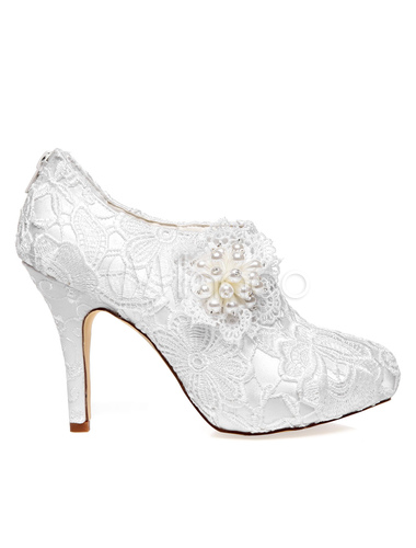 White Bridal Booties Flowers Lace Pearls Wedding Shoes - Milanoo.com