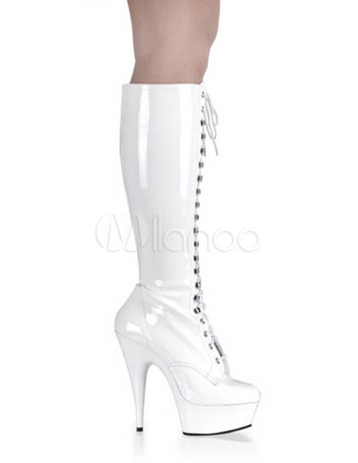 White Knee High 5 7/10” Heel Patent Leather Sexy Mid Calf Boots | Eazu