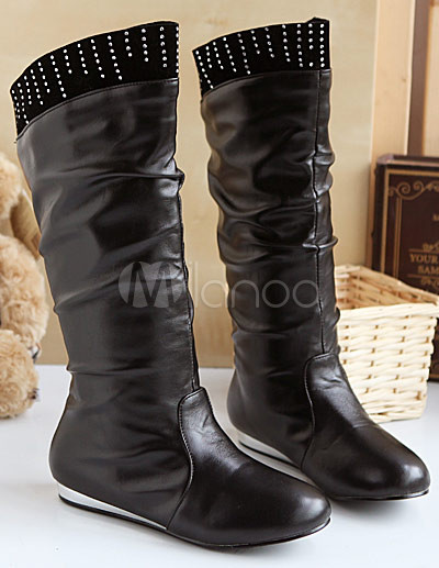 Quality Black Cow Leather Rubber Sole Knee High Boots - Milanoo.com