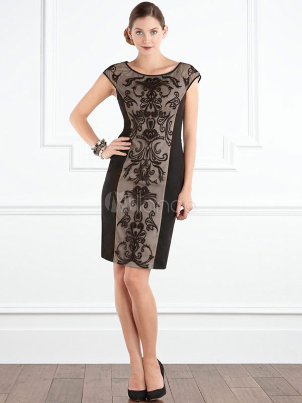Black Embroidery Round Neck Short Sleeves Womens Party Dress - Milanoo.com
