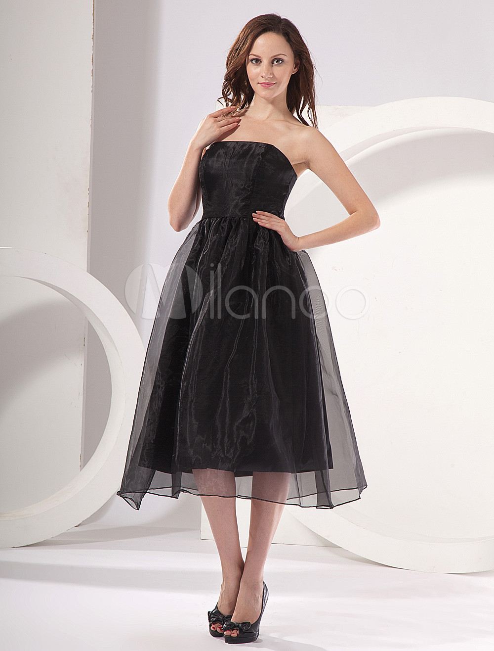 Black A-line Strapless Organza Tea Length Maternity Bridesmaid Dress
