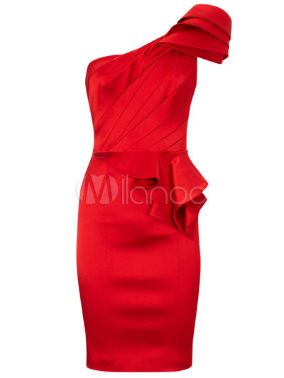 Slim Red Terylene Acetate Fiber Spandex One Shoulder Party Dress