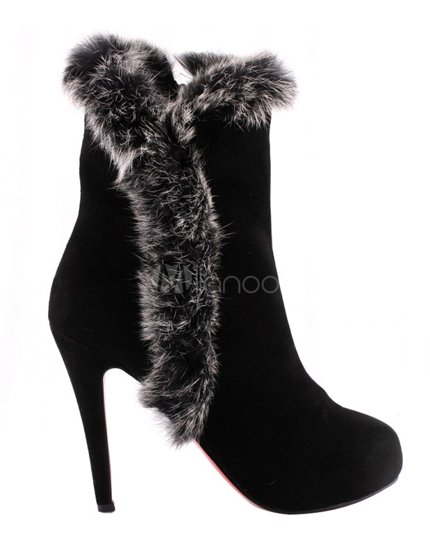 Warm Black Sheepskin Suede Furry High Heel Boots – Olia