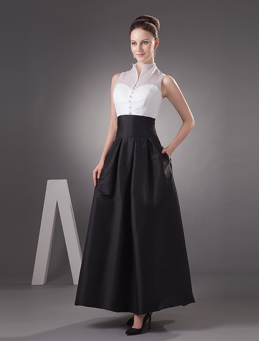 Black High Collar Taffeta Evening Dress | Zoombox