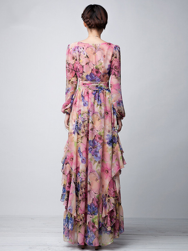 Pink-Floral-Printed-Long-Sleeves-Chiffon-Jewel-Neck-Maxi-Dress) | Maxi ...