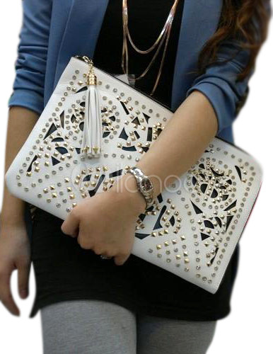 White Fringe Cut Out Glitter Faux Leather Woman's Clutch Bag - Milanoo.com