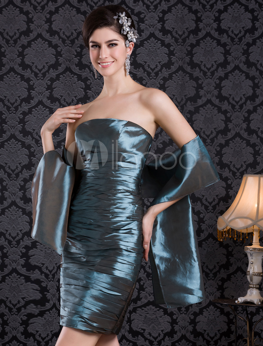 百褶吊带塔夫绸膝盖长度时尚礼服