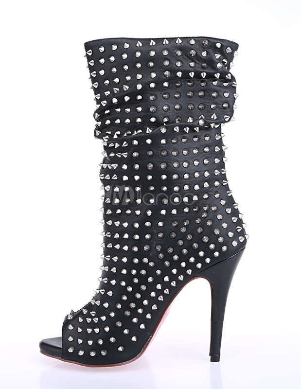 Fashion Black Peep Toe Studded PU Leather Women's Mid Calf Boots ...