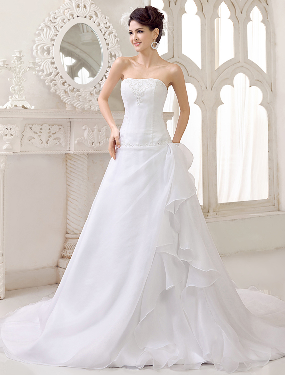 A Line Strapless Wedding Dress with Ruffles - Milanoo.com