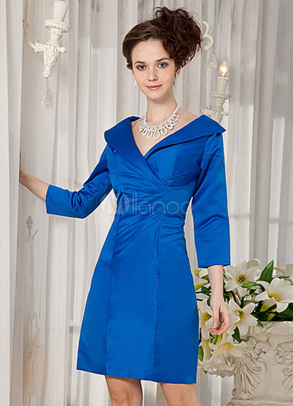 Royal Blue V-Neck Satin Mother of the Bride Dress - Milanoo.com