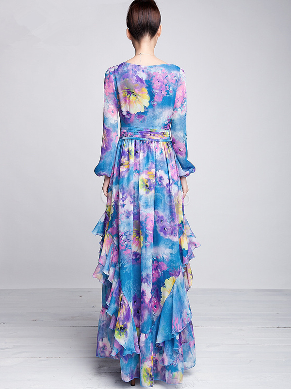 Blue Printed Shaping Chiffon Long Sleeve Jewel Neck Maxi Dress ...
