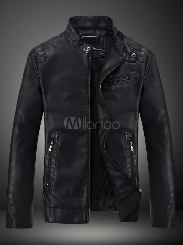 Stand Collar Leather Jacket in Slim Fit - Milanoo.com
