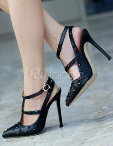 Pretty Black Stiletto Heel PU Leather Womens Pointy Toe Shoes - Milanoo.com