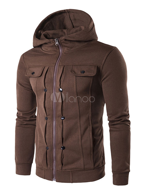 Men S Hooded Sweatshirt Dark Brown Long Sleeve Zip Up Cotton Hoodie