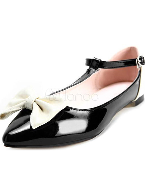 Black Pointed Toe White Bow Buckle T-Strap Patent Leather Womens Ballet ...