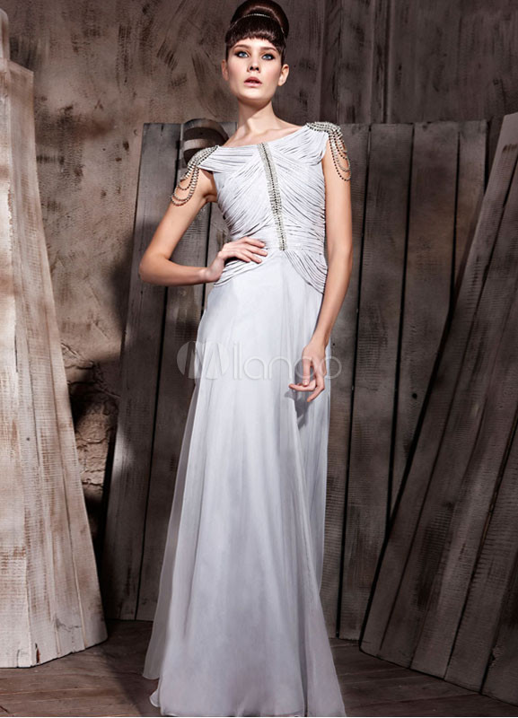 Silver Polyester Silk Chain Jewelry Neck Evening Dress - Milanoo.com