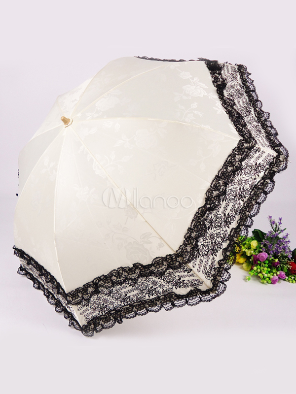 White Jacquard Cloth Lace Trim Lolita Umbrella