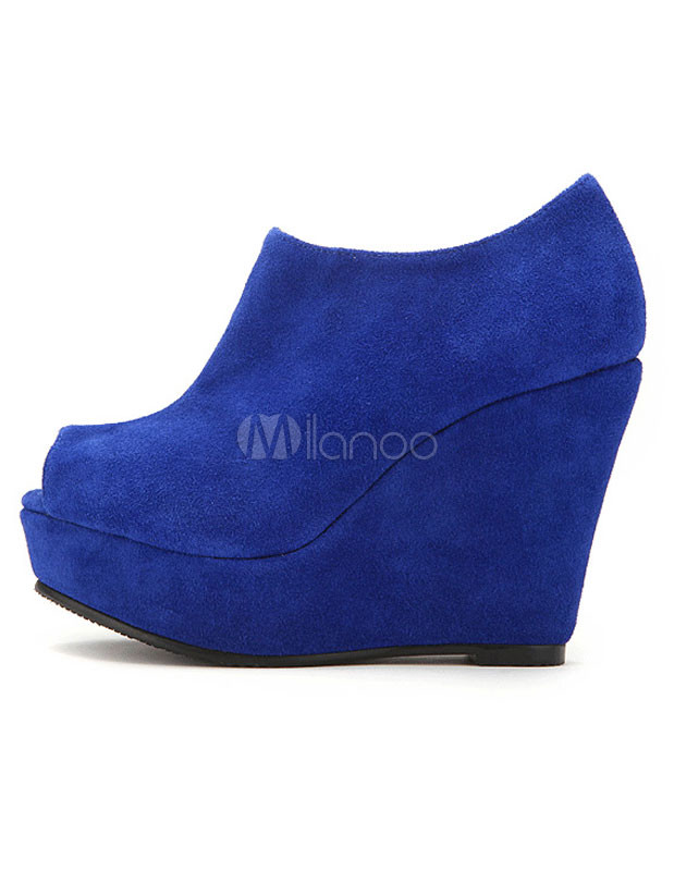 Concise Deep Blue Suede Leather Wedge Women's Peep Toe Shoes - Milanoo.com
