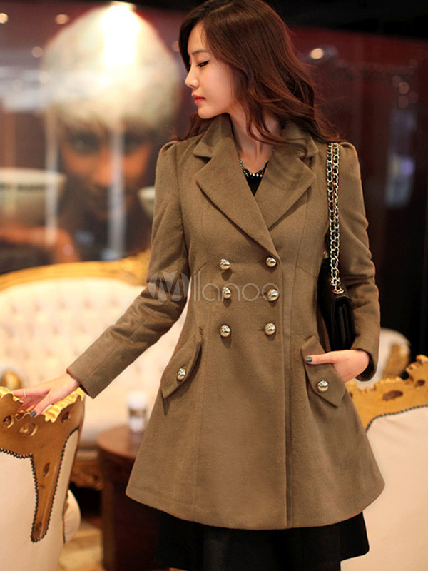 Brown Double-Breasted Long Sleeves Coat for Woman - Milanoo.com