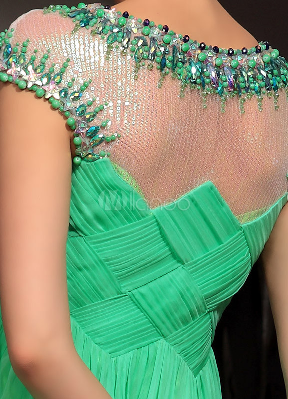 Green Beading Jewel Neck Chiffon Woman's Evening Dress - Milanoo.com