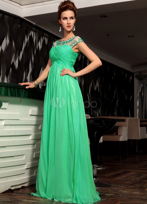 Green Beading Jewel Neck Chiffon Woman's Evening Dress - Milanoo.com