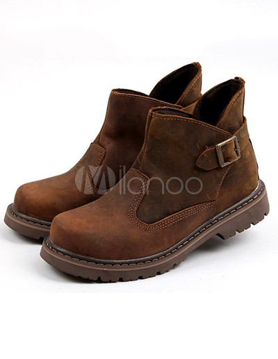 Casual Brown Round Toe Buckle Cowhide Boots For Men | Wikizio