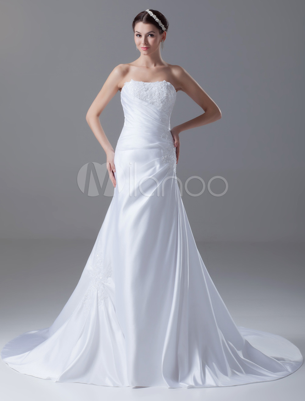 Court Train Strapless A-line White Wedding Dress For Bride with ...