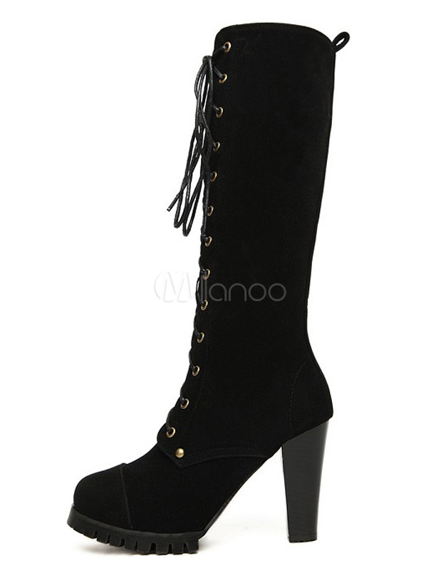 Round Toe Chunky Heel Micro Suede Women's Knee Length Boots - Milanoo.com