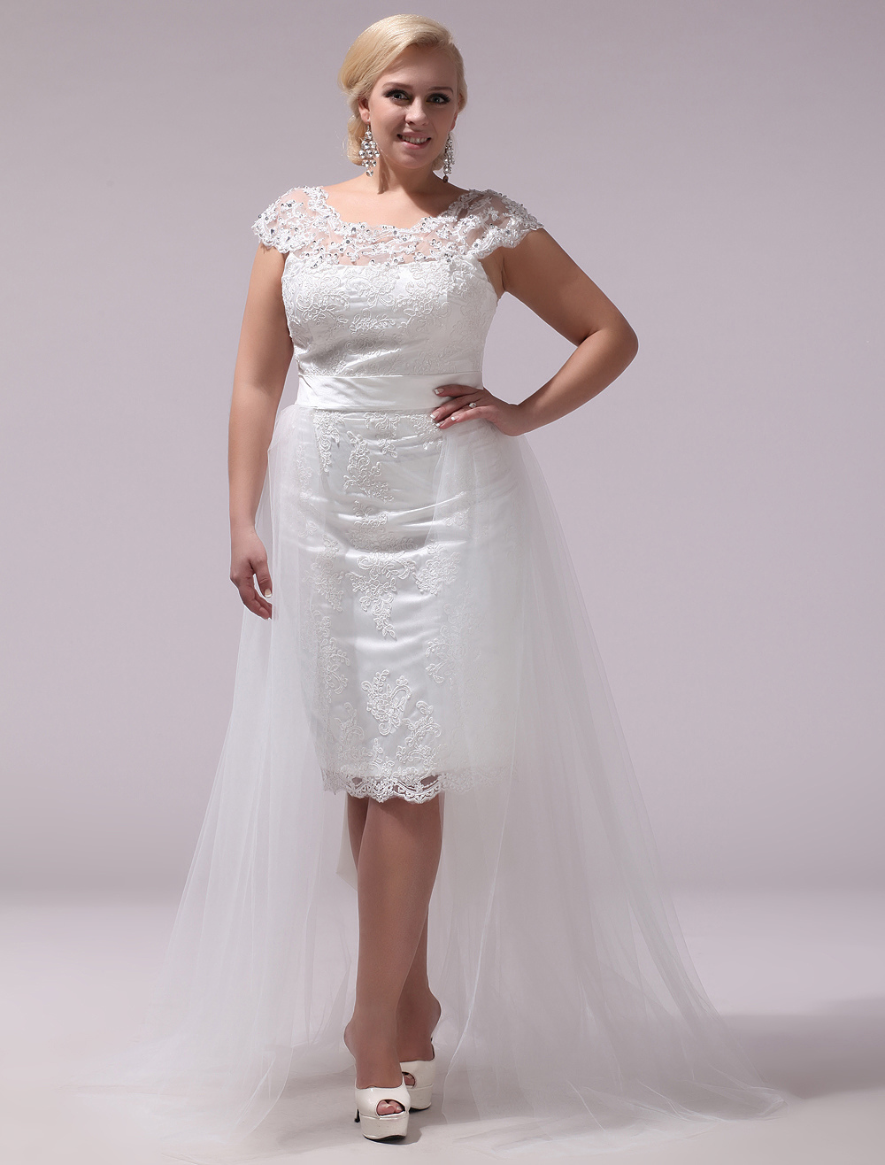 Plus Size Wedding Dress Ivory Sheath Lace Tulle Bridal Gown Round Neck ...