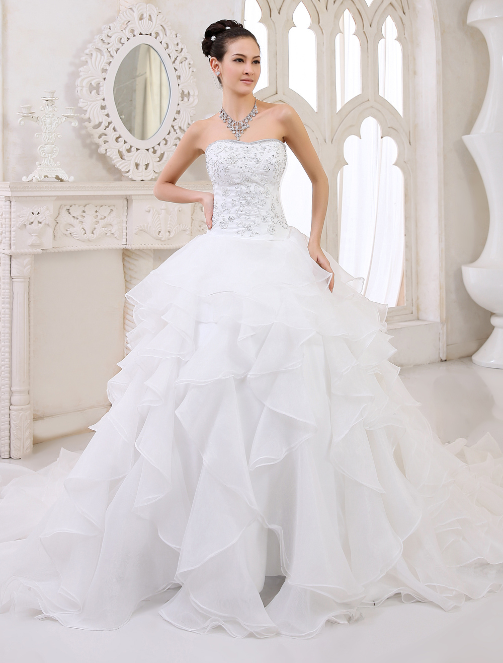 Ivory Wedding Dress Tiered Strapless Lace Up Rhinestone Wedding Gown ...