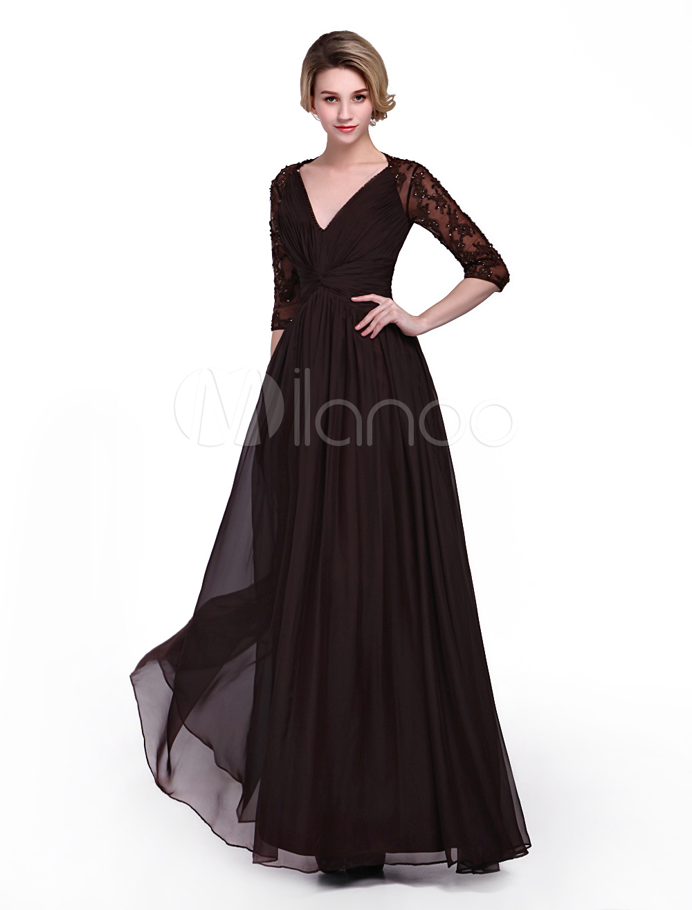 Chocolate Dress For Mother Of The Bride With A-line Skirt V-neck ...