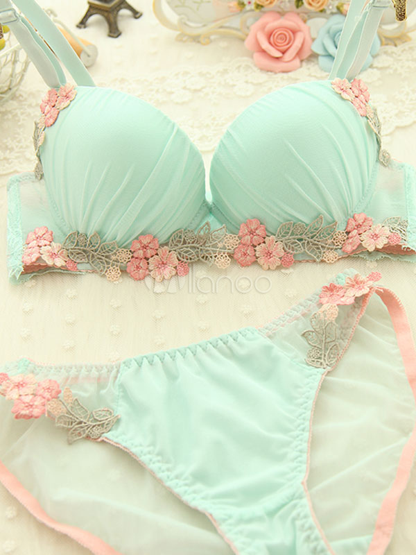 Green Satin Cotton Bra and Panties With Flowers for Women - Milanoo.com